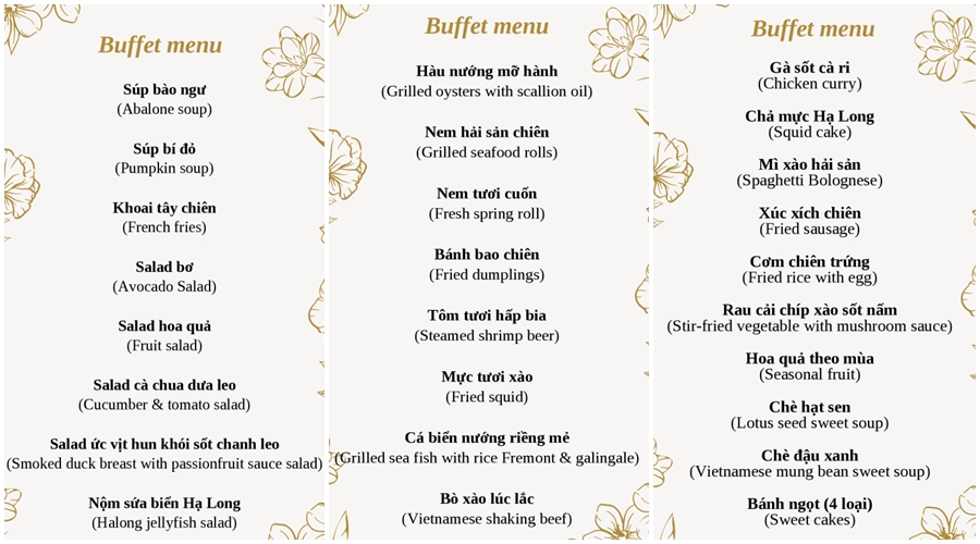 Buffet Menu du thuyền Tatiya áp dụng cho đoàn từ 20 khách trở lên